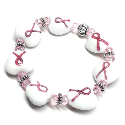 Pink Ribbon 16mm Large Glass Heart Stretch Elastic Large Chunky Bracelet - image4